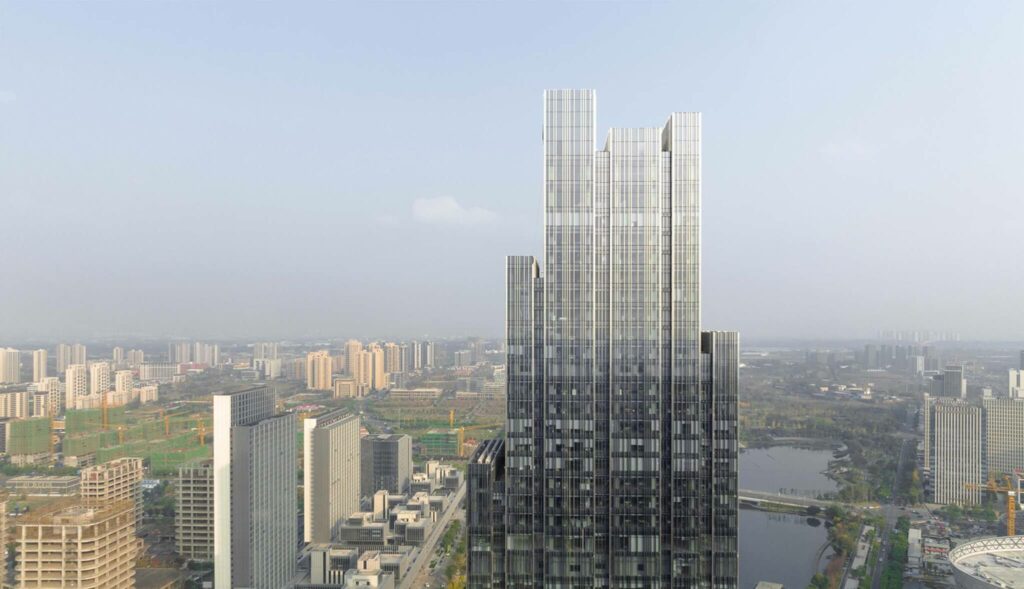 Gianni Botsford Architect designs a glass tower in China with a staggered profile and aluminum mullions