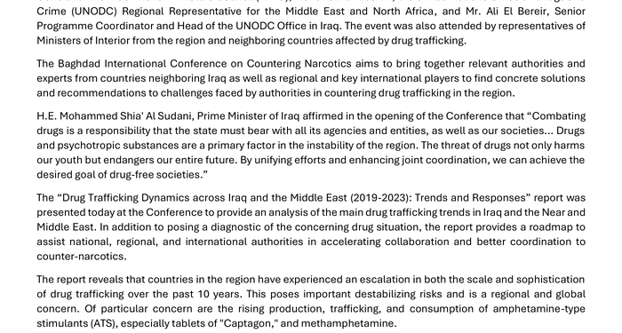 UNODC participates in the 2nd Baghdad International Conference on Countering Narcotics and presents the report “Drug Trafficking Dynamics across Iraq and the Middle East (2019-2023)” [EN/AR] - Iraq